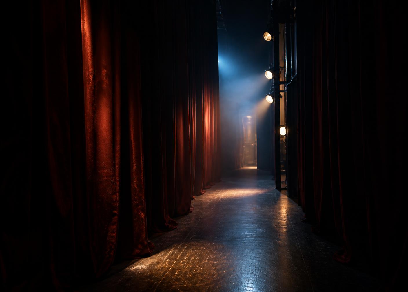 Backstage corridor lit by stage lights