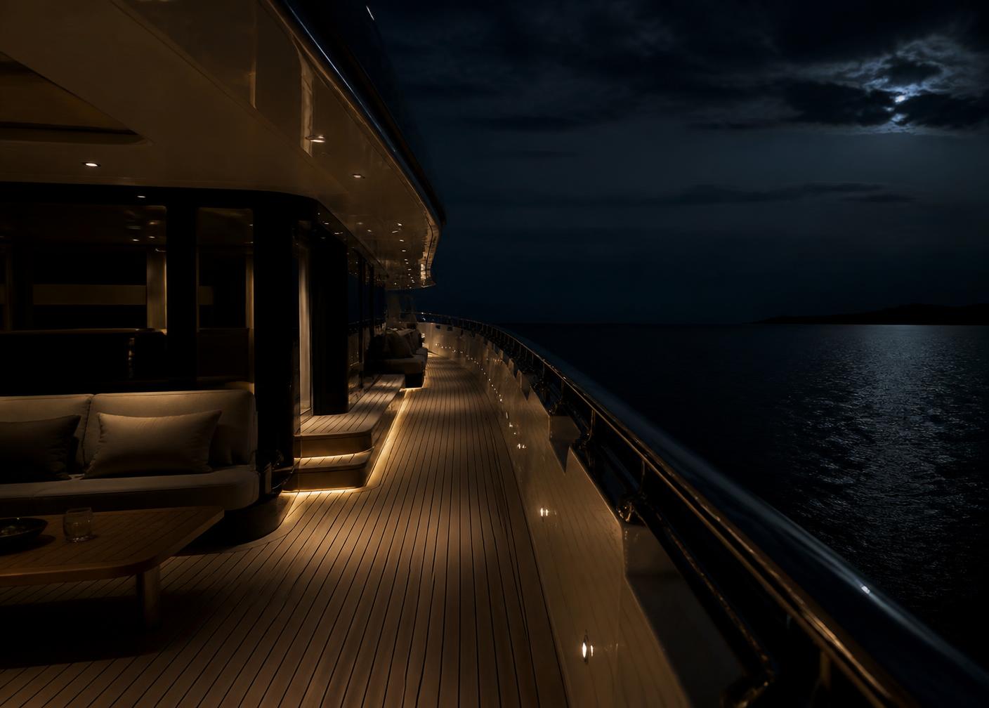 Superyacht deck lit softly at night