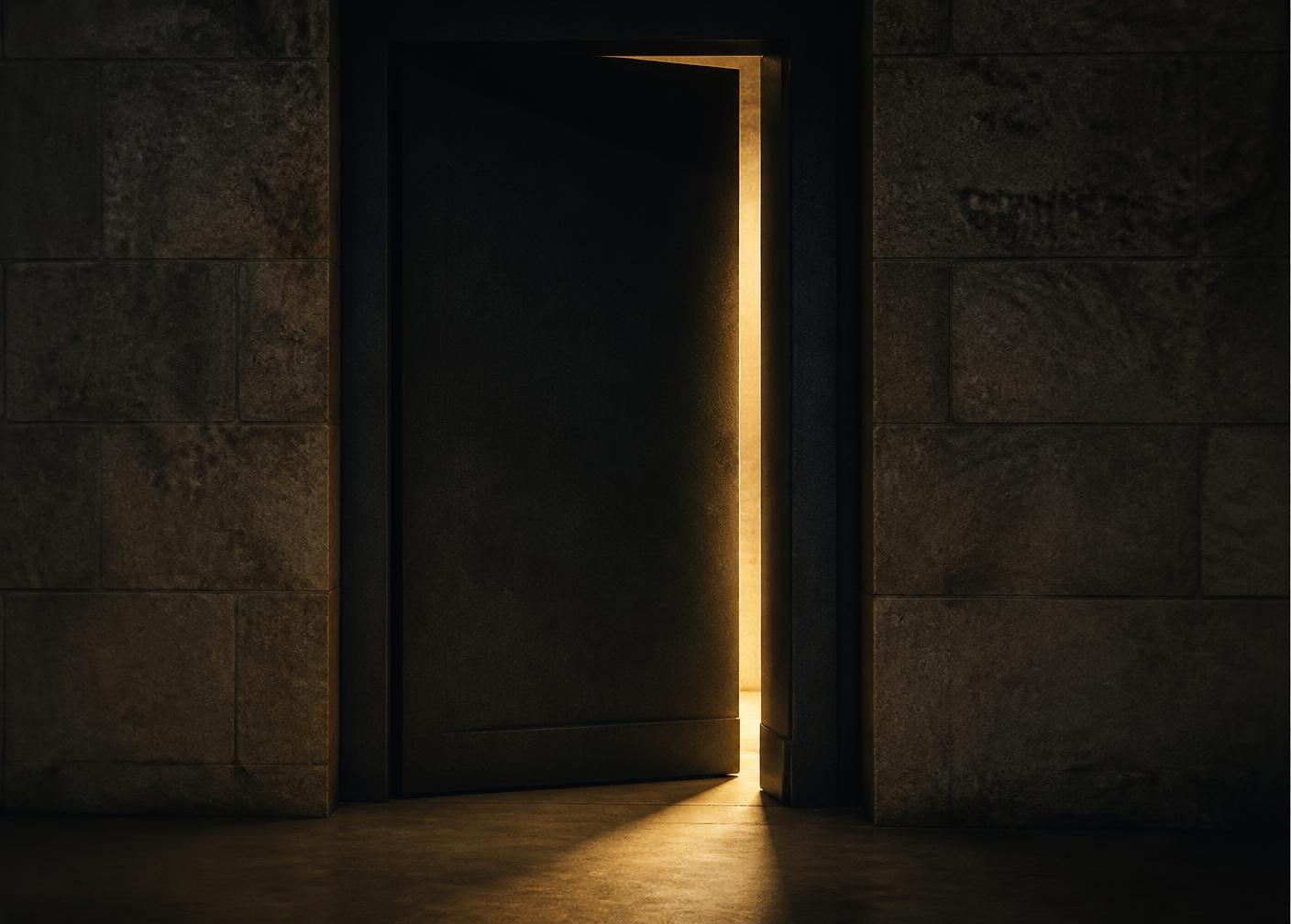 Unmarked door ajar with warm light spilling into a dark corridor