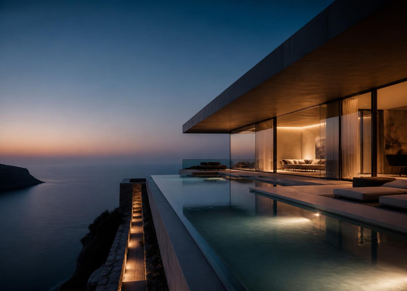 Minimalist cliffside villa with infinity pool at twilight